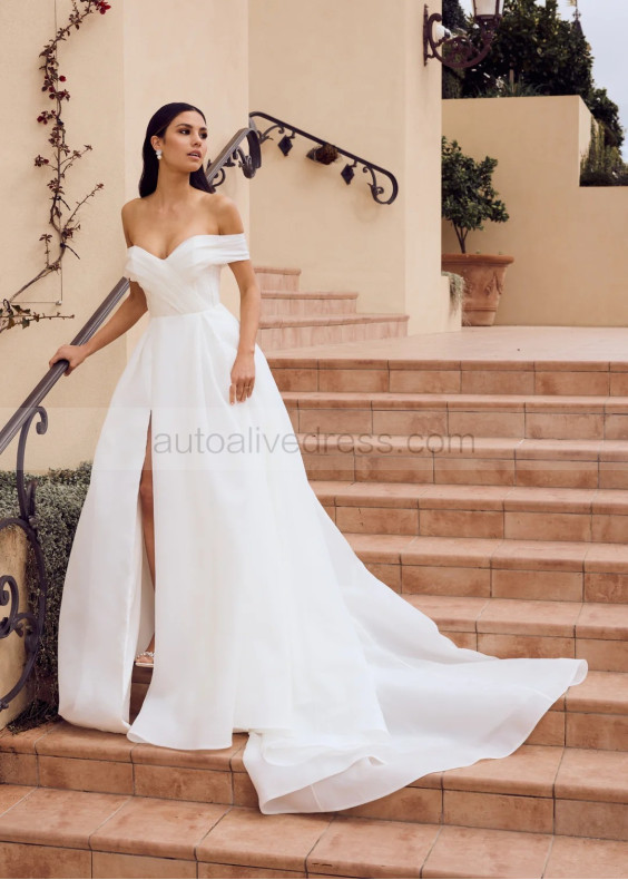 Off Shoulder White Organza High Split Classic Wedding Dress